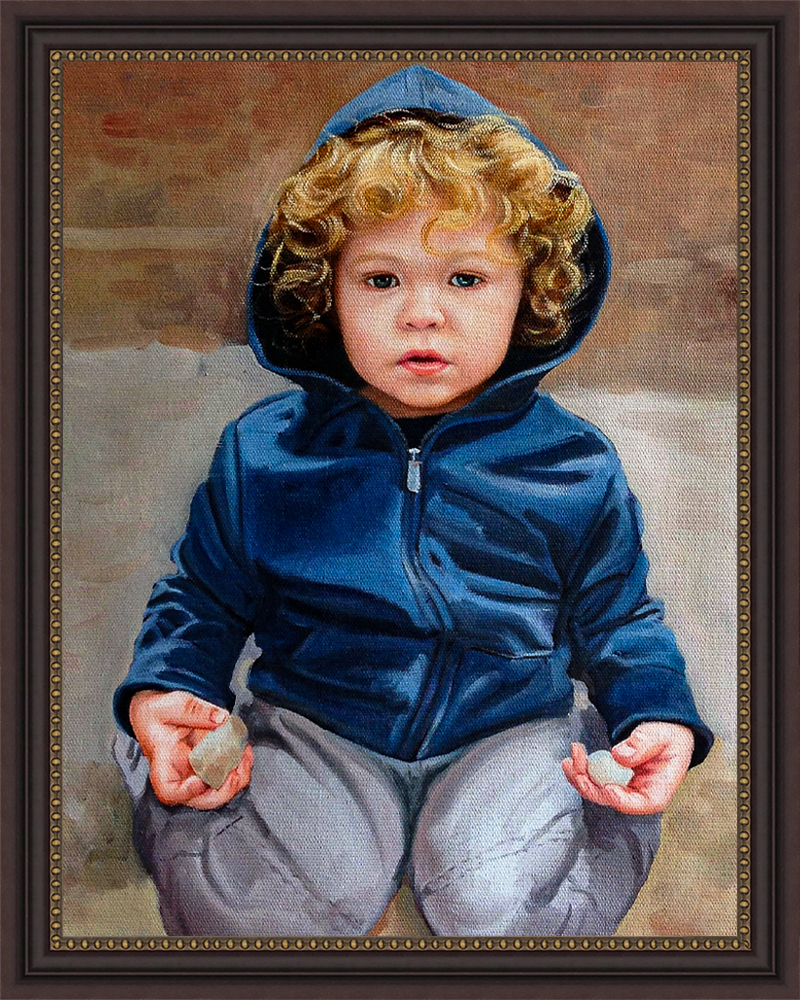 Oil painting of curly-haired toddler in blue hoodie holding stones